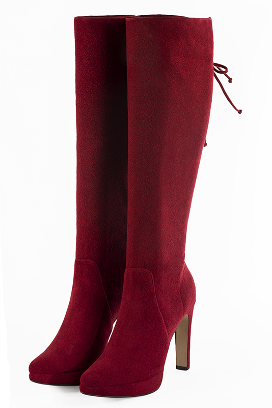 Burgundy red women's knee-high boots, with laces at the back. Tapered toe. Very high slim heel with a platform at the front. Made to measure. Front view - Florence KOOIJMAN